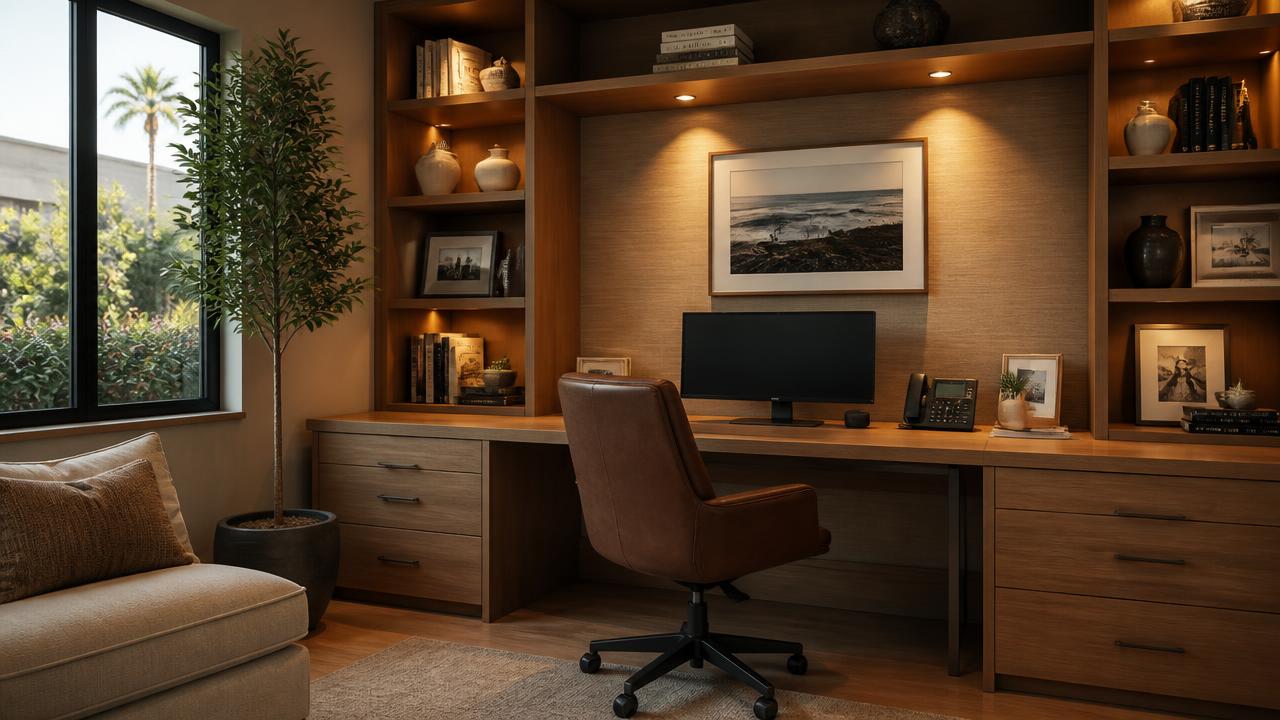 Custom built-in office shelving and desk cabinets