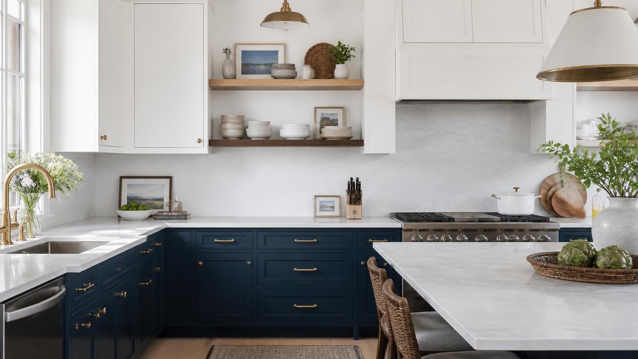 Bright modern kitchen with white and navy blue cabinets