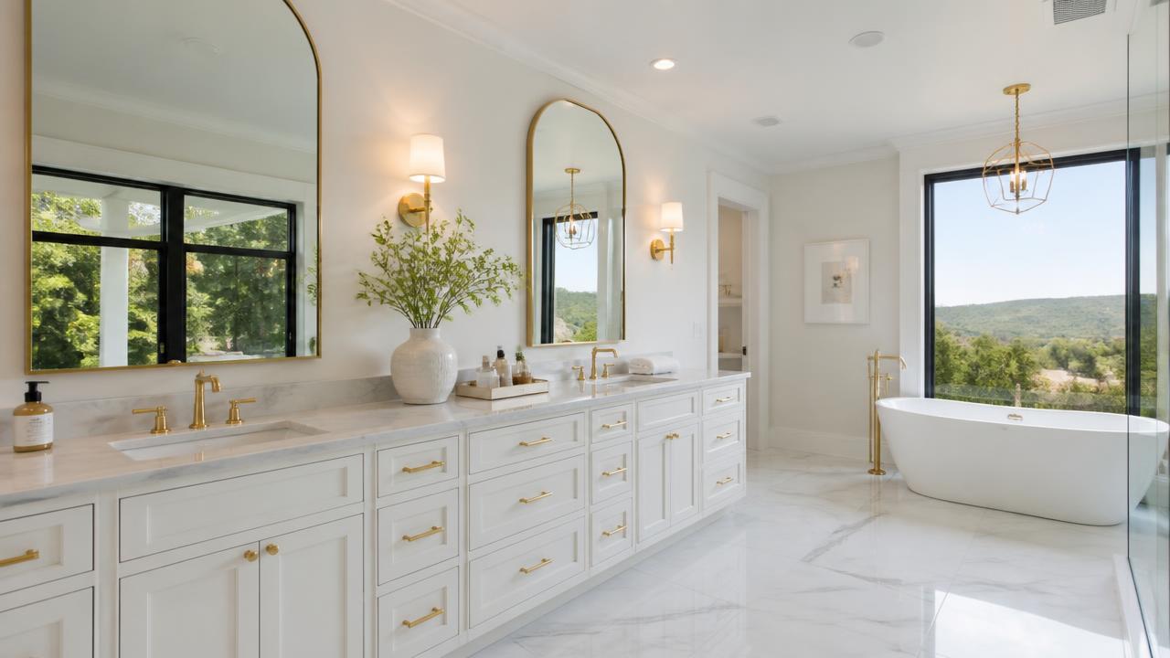 Double sink white bathroom vanity with custom cabinets